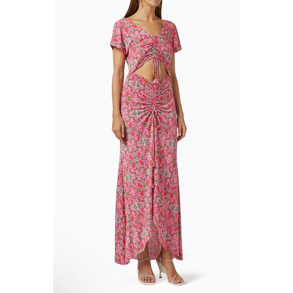Misa Los Angeles‎ Pink Carlotta Ruched Maxi Dress Plunge Neckline Cutouts M